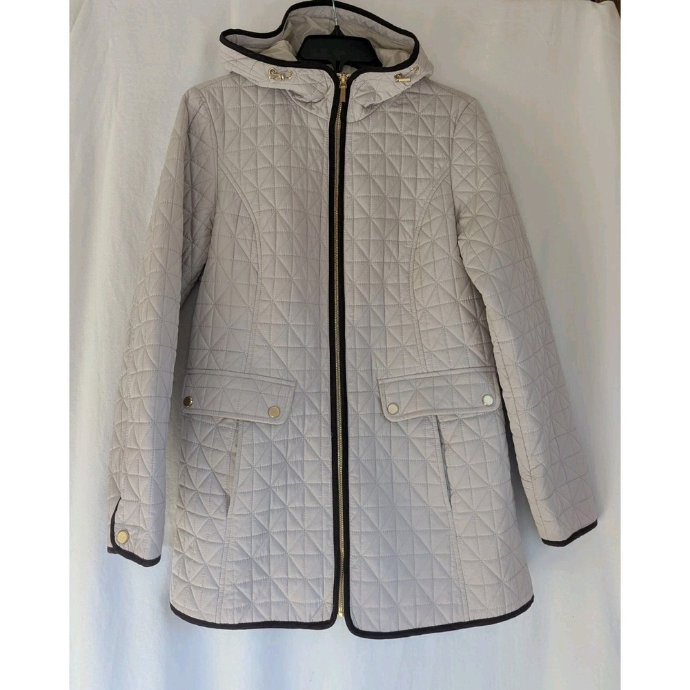 Jones New York Ivory Quilted Jacket Women's M Zipper Pocket Hooded Brown Trim